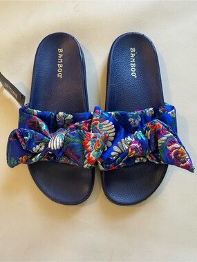 Bamboo Blue Colorful Floral Bow Slide Sandals